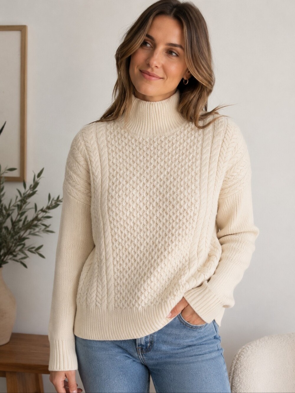 AYR 100% Extrafine Merino Wool Cable Knit Turtleneck Sweater Small